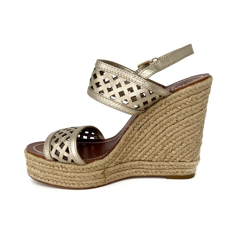 Tory Burch Wedge Espadrille Sandals Size 8 Platinum Metallic Leather Heels Shoes